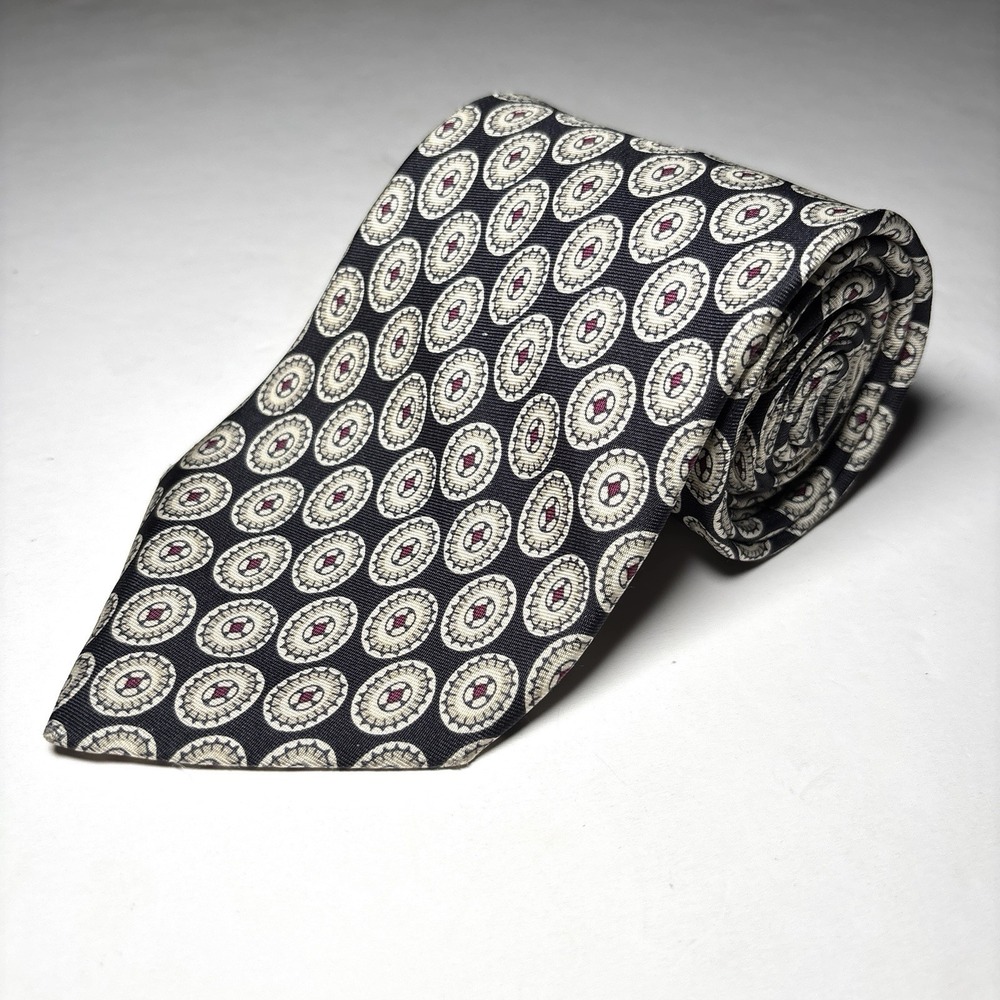 Brooks Brothers Foulard Silk Necktie Black White Medallion Western Pattern Tie